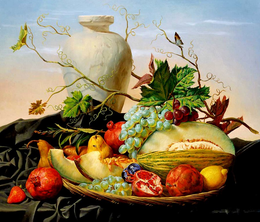 натюрморт А.Антонова - виноград, слива, груша, дыня, лимон, гранат, картина, живопись, кувшин - оригинал