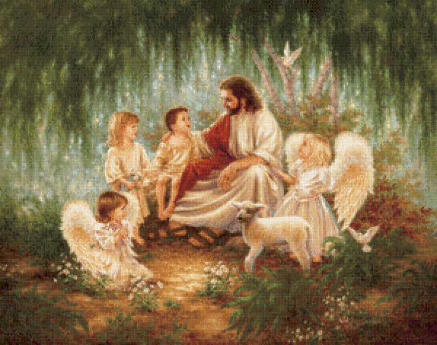 ангелы и иисус с детьми - дона гелсингер, дети, картина, икона, ангелы, религия, иисус - предпросмотр