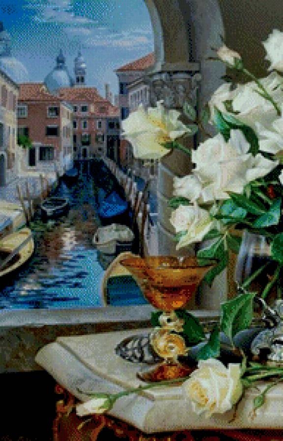 окно Венеции часть 1 - статуэтка, бока, живопись, лодка, город, роза, букет, картина, река - предпросмотр