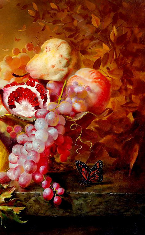 натюрморт  А. Антонова часть 2 - виноград, живопись, груша, лимон, гранат, бабочка, картина, чаша, листья - оригинал