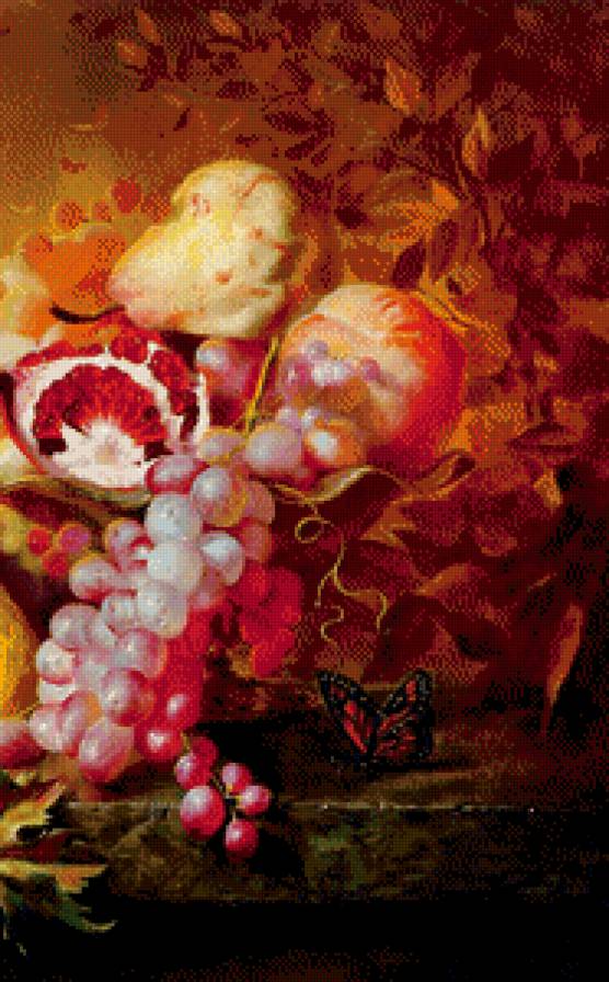натюрморт  А. Антонова часть 2 - гранат, виноград, чаша, груша, листья, бабочка, лимон, картина, живопись - предпросмотр