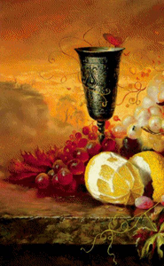 натюрморт  А. Антонова часть 2 - живопись, лимон, картина, бабочка, листья, чаша, груша, гранат, виноград - предпросмотр