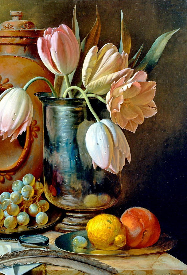 картина А.Антонова часть 2 - живопись, гранат, персик, тюльпан, бокал, виноград, кувшин, натюрморт - оригинал