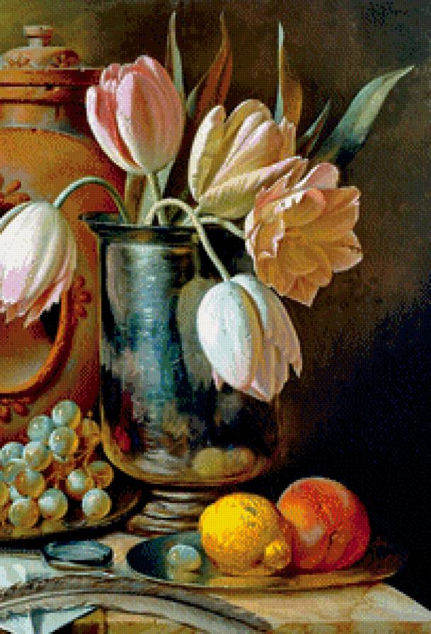 картина А.Антонова часть 2 - бокал, тюльпан, гранат, живопись, кувшин, персик, виноград, натюрморт - предпросмотр