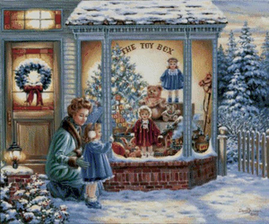 девочка и мама у магазина игрушек - елка, рождество, дона гелсингер, магазин, праздник, дети, девочка, мама - предпросмотр