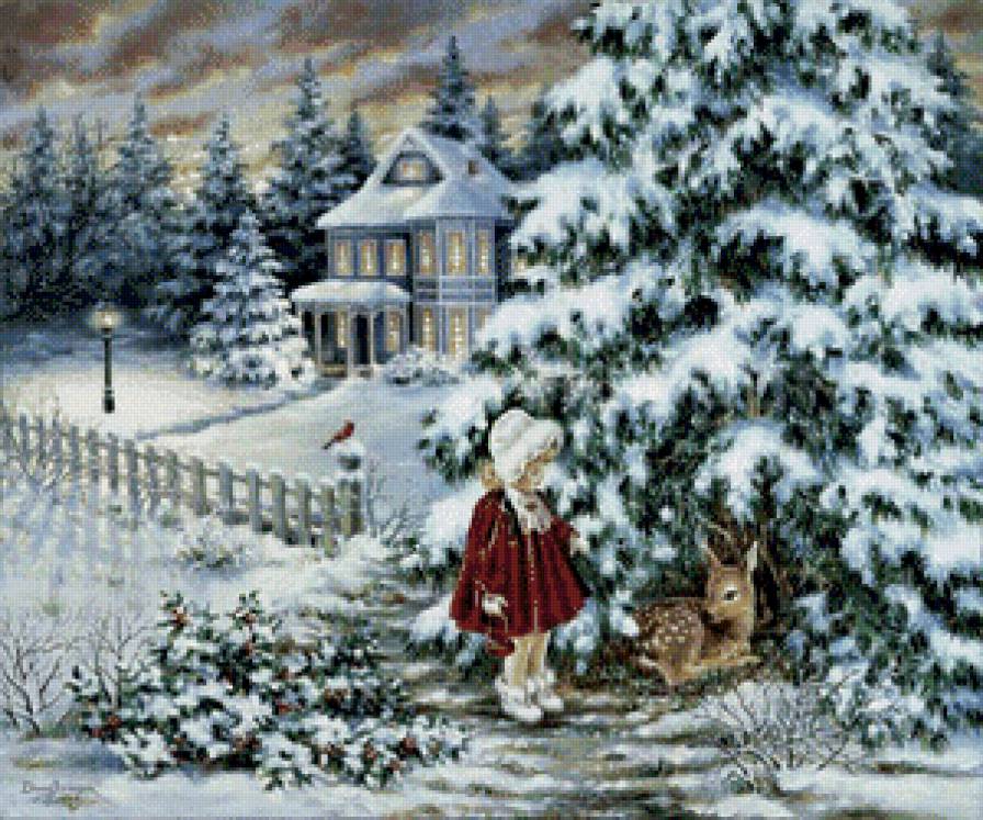 девочка и оленёнок - олененок, дона гелсингер, домик, дети, зима, рождество, снег, елка - предпросмотр