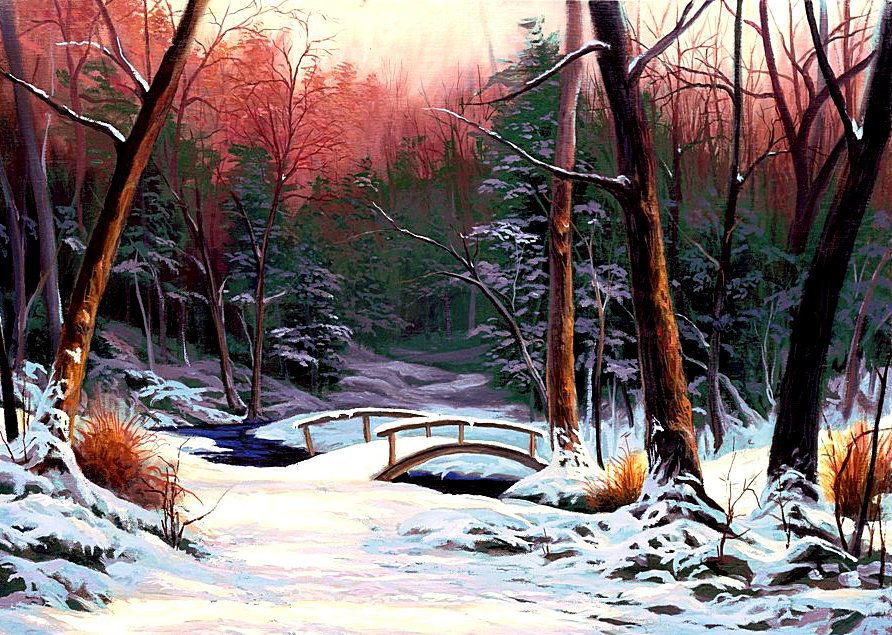 Мостик в лесу - зима, лес, пейзаж, мост, ручей - оригинал