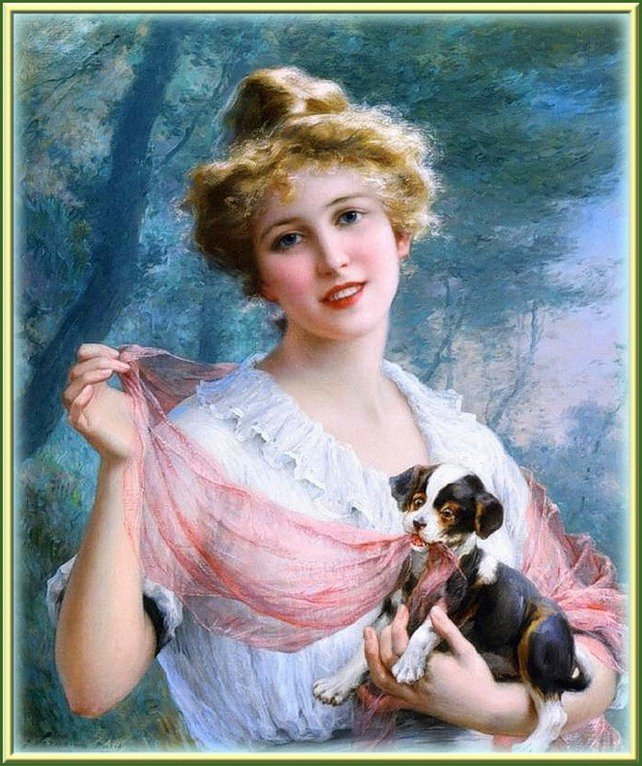 девушка и щенок - картина - оригинал
