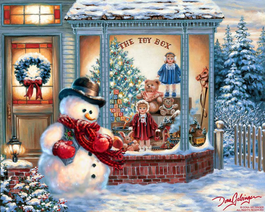 снеговик у магазина подарков - магазин, рождество, праздник, девочка, дети, елка, дона гелсингер, мама - оригинал