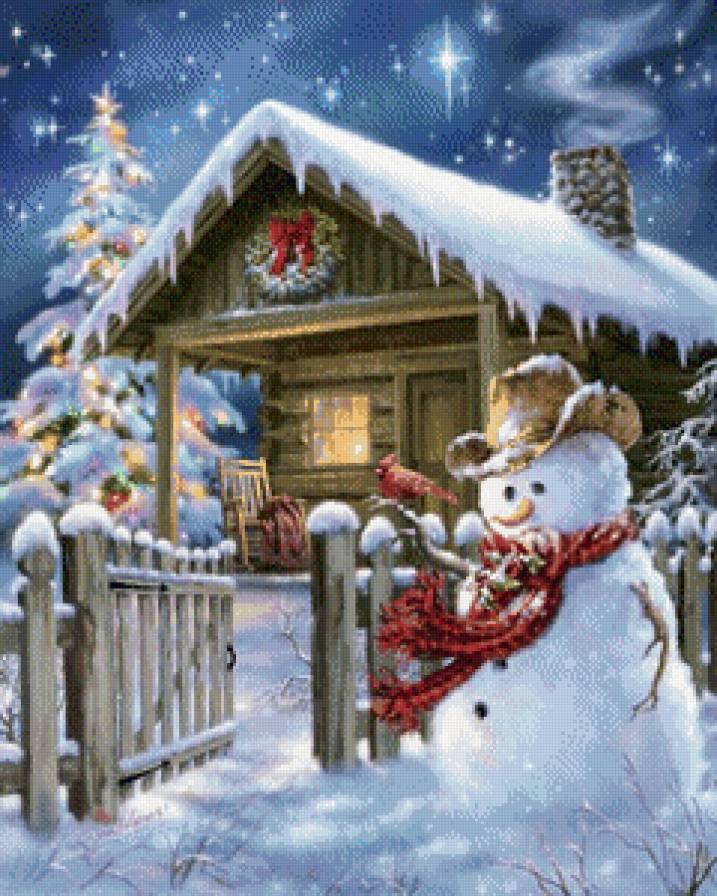 снеговик у калитки - зима, дона гелсингер, снеговик, калитка, рождество, домик, снег - предпросмотр