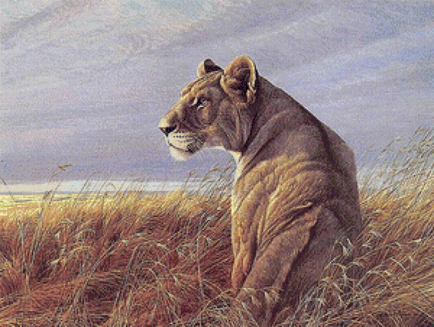 Львица на охоте (живопись) - львы, животные, большие кошки, картины, живопись - предпросмотр