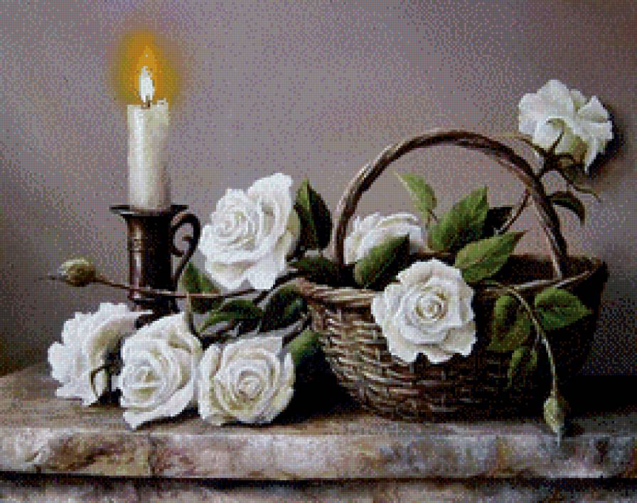розы в корзинке - роза, огонь, букет, живопись, корзина, свеча, подсвечник, картина, цветы - предпросмотр