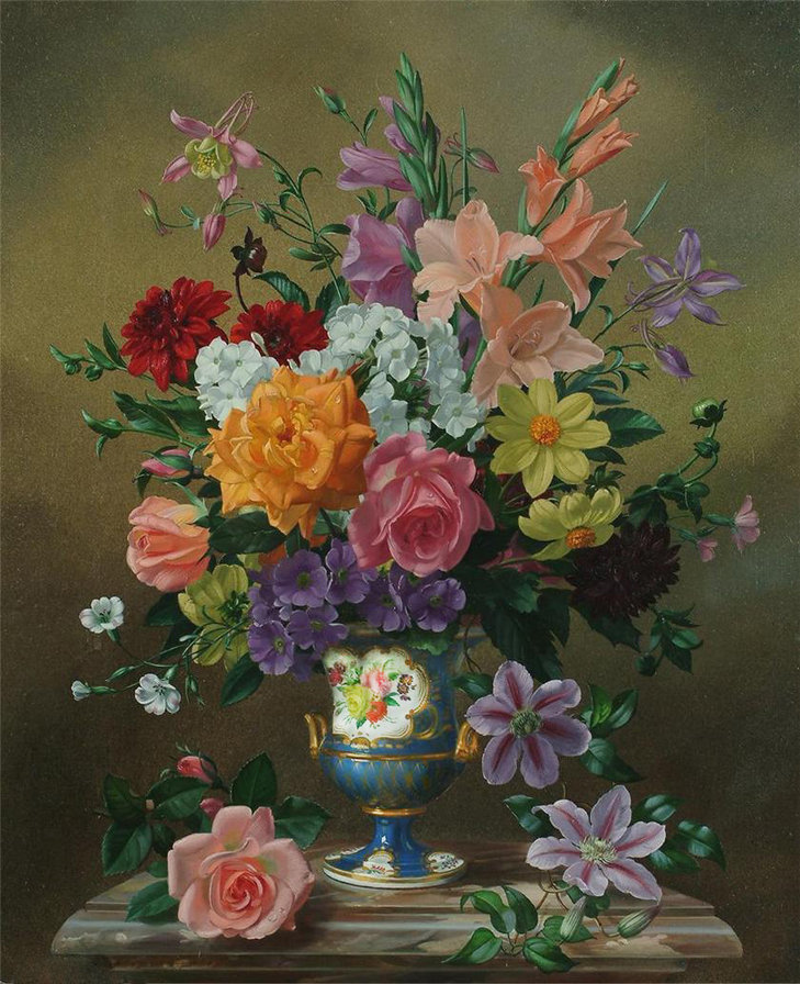 старинная картина - живопись, гладиолус, роза, цветы, ваза, букет, георгин, клематис - оригинал