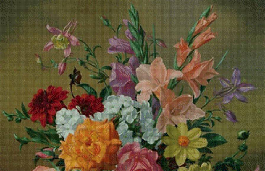 старинная картина часть 1 - живопись, цветы, ваза, букет, клематис, роза, георгин, гладиолус - предпросмотр