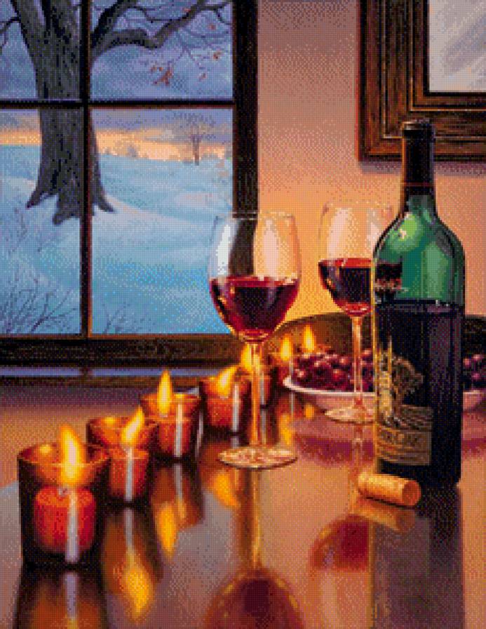 романтика - бутылка, свечи, виноград, вино, огонь, бокал, живопись, дерево, окно - предпросмотр