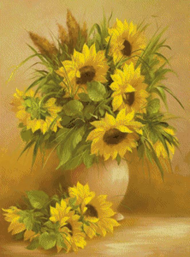 букет подсолнухов - живопись, цветы, подсолнух, ваза - предпросмотр