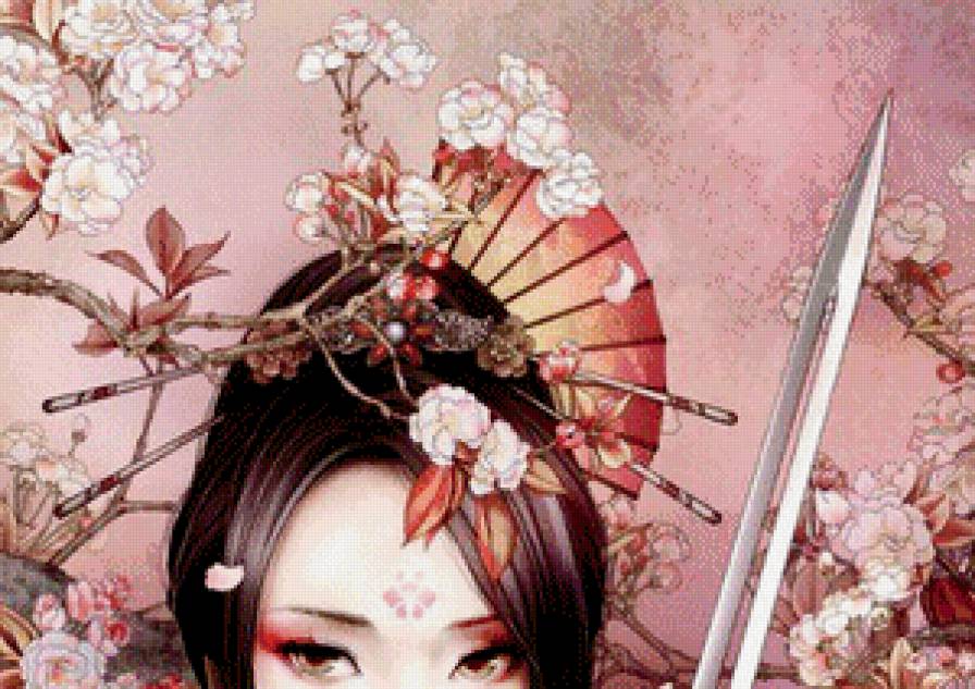 восточная красавица часть 1 - сакура, меч, живопись, картина, женщина, девушка, взгляд, цветы, восток - предпросмотр