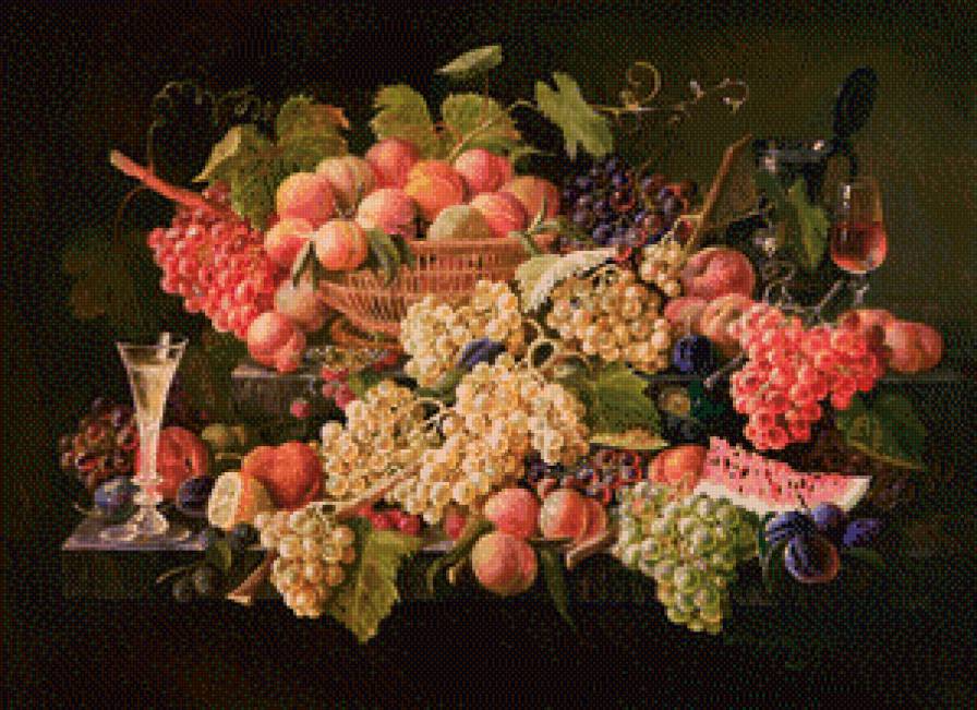 Натюрморт с виноградом - натюрморт, виноград, персики - предпросмотр