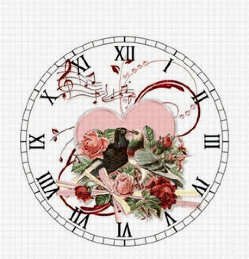 Часы "Мелодия любви" - цветы, розы, птицы, часы - предпросмотр
