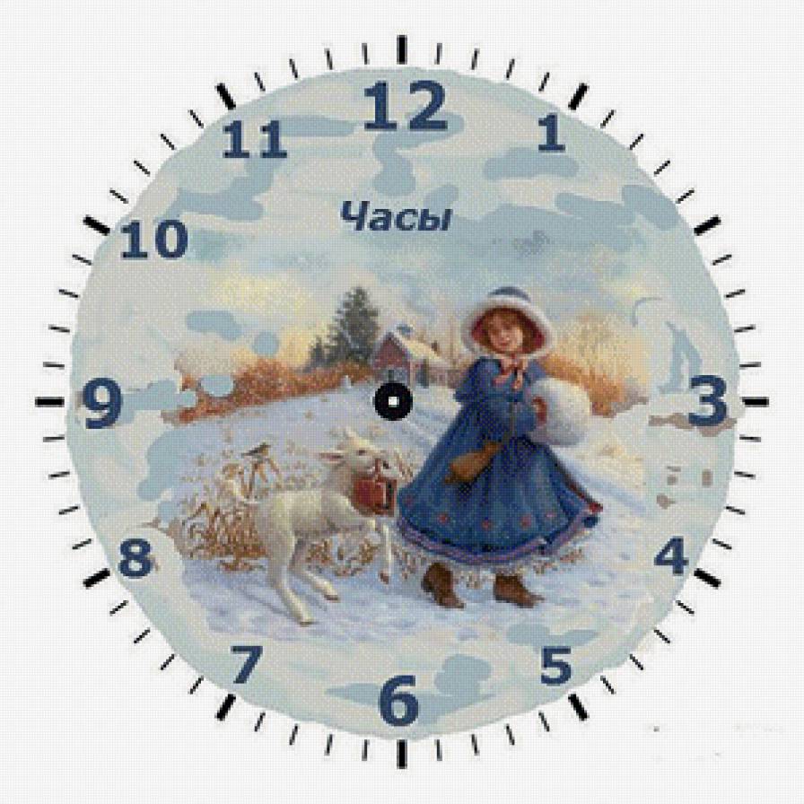 Часы с малышкой - овцы, дети, девочка, зима, пейзаж, домик, животные, часы - предпросмотр