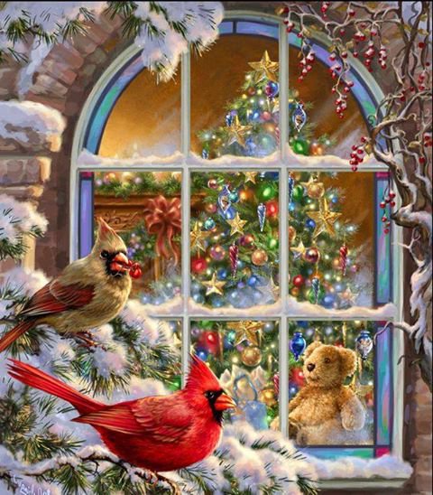 зимородки у окна - рождество, окно, зима, новый год, птицы, зимородок, снегирь, синичка - оригинал
