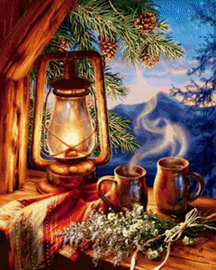 лампа - елка, кофе, вид из окна, сосна, чай, шишки, лампа, окно - предпросмотр