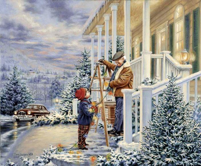 мальчик и дедушка у дома - мальчик, дед, машина, пейзаж, снег, дети, дона гелсингер, зима, городок - оригинал