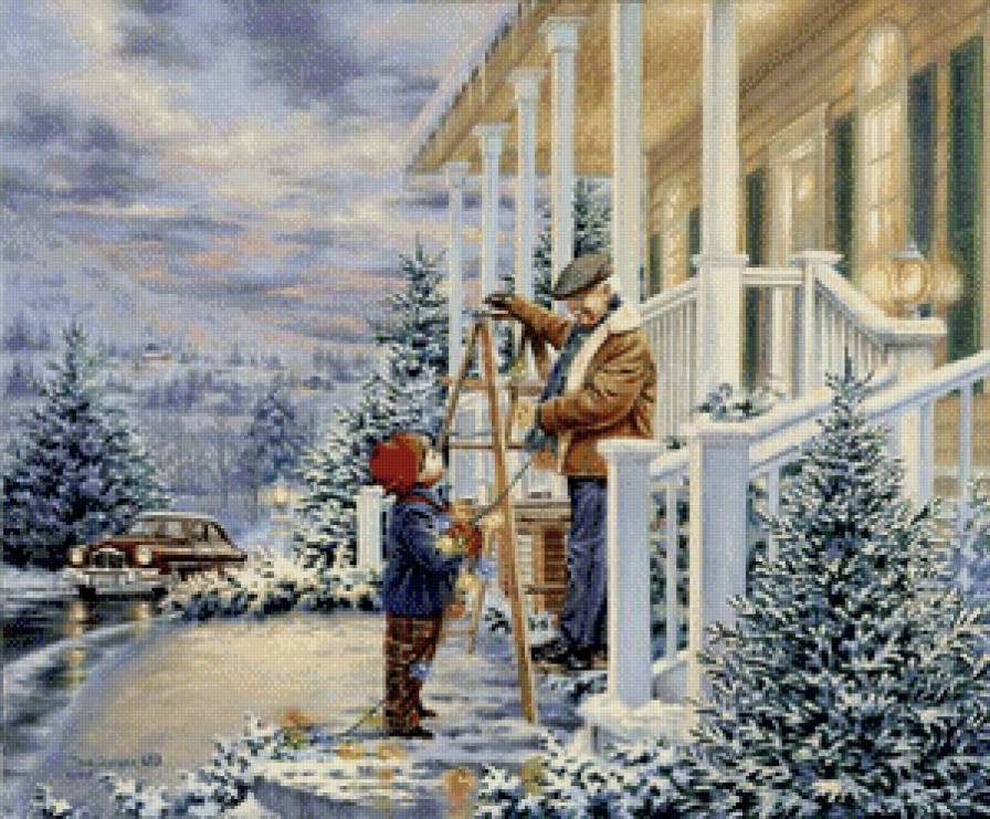 мальчик и дедушка у дома - машина, снег, мальчик, дети, зима, дона гелсингер, городок, дед, пейзаж - предпросмотр