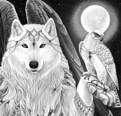 Волк с орлом (фэнтези) - животные, орел, монохром, птицы, волки, фэнтези - оригинал