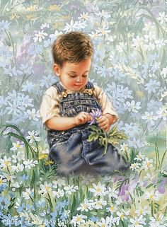 дона гелсингер мальчик на лугу - луг, мальчик, дети, поле, ромашки, трава, цветы, дона гелсингер - оригинал