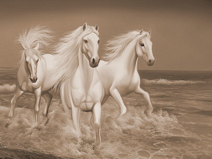 В брызгах волн...(живопись) - лошади, животные, живопись, сепия, монохром - оригинал
