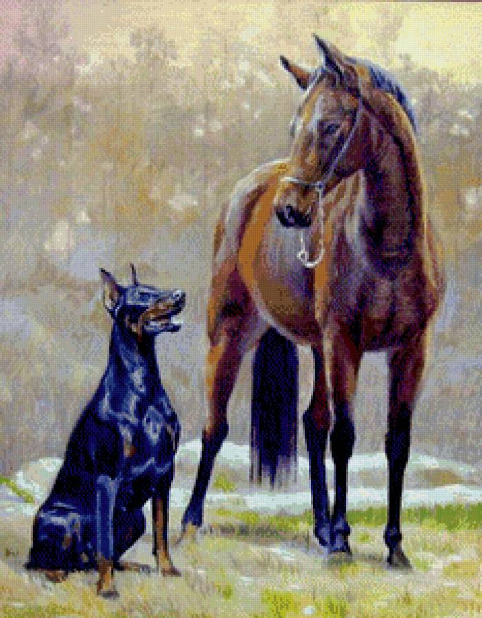 верные друзья - животное, конь, собака, живопись, доберман, лошадь - предпросмотр