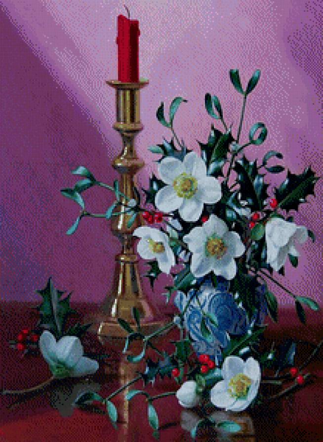 рождественский букетик - ваза, цветы, свеча, картина, подсвечник, живопись - предпросмотр