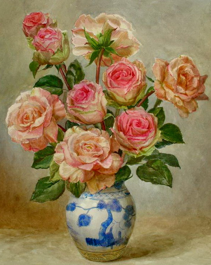 розы в синей вазе - ваза, живопись, роза, цветы, картина, букет - оригинал