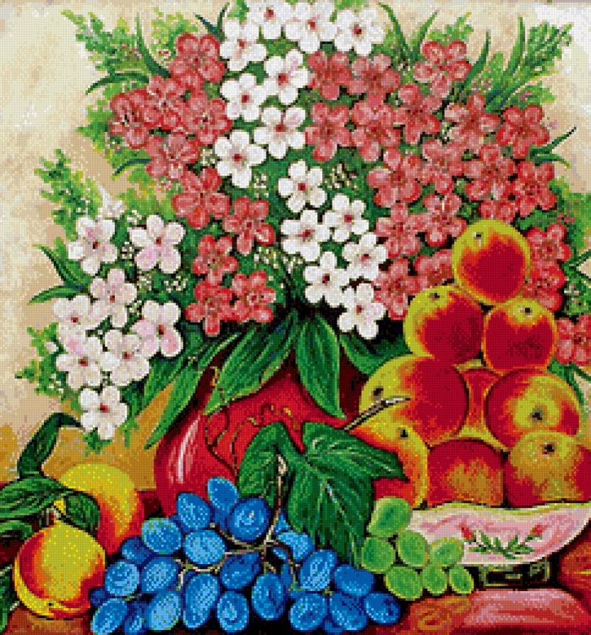 Яркий натюрморт (живопись) - натюрморт, ягоды, цветы, фрукты - предпросмотр