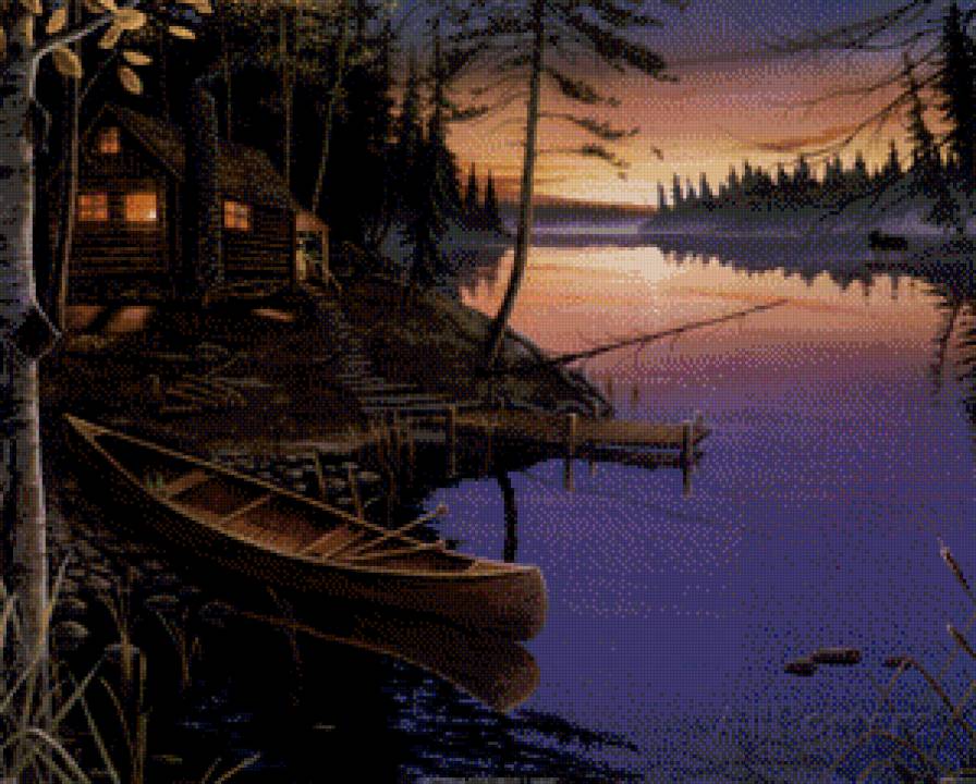 охотничий дом у реки - избушка, домик, вечер, лодка, дом, берег, река, лес - предпросмотр