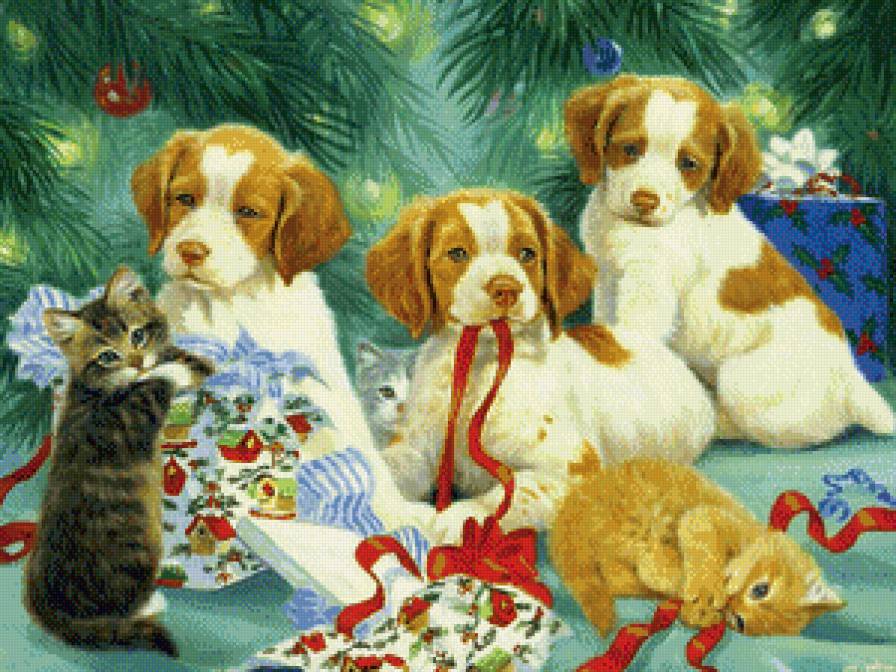 подарочки под ёлкой - щенок, котенок, елка, рождество, новый год, любимцы, подарки - предпросмотр