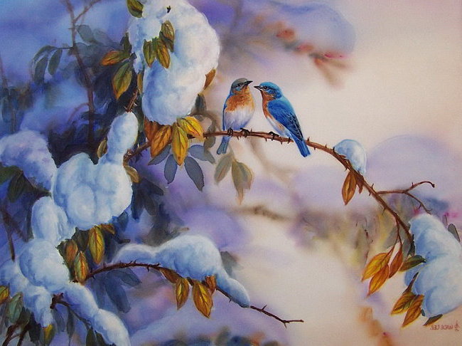 птицы на заснеженой ветке - веточка, птичка, синичка, природа, снегирь, воробей, серия птицы - оригинал