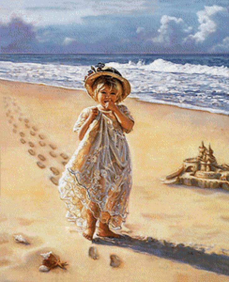 девочка у моря - девочка, пейзаж, песок, пляж, море, берег, дети - предпросмотр