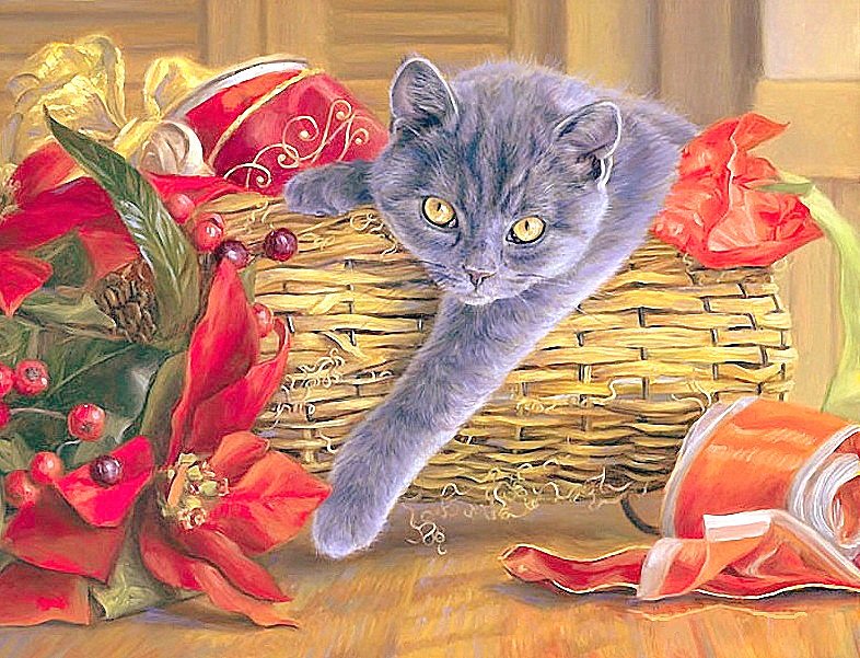 Кот в рождественской корзине - кошки, животные, новый год, живопись, праздники, рождество - оригинал