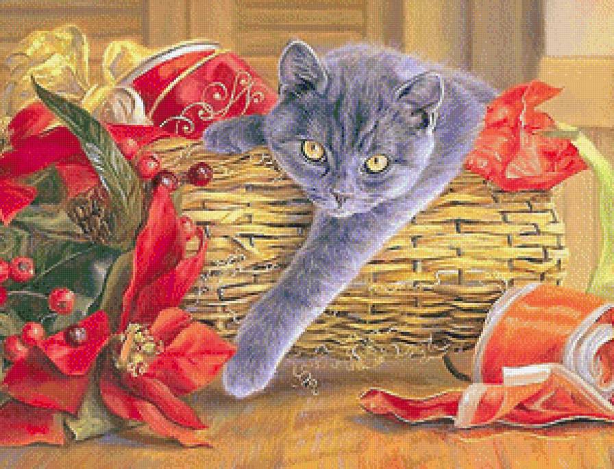 Кот в рождественской корзине - животные, кошки, рождество, живопись, новый год, праздники - предпросмотр