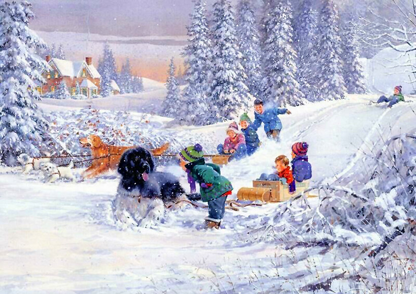 Серия "Зимний пейзаж" - пейзаж, домик, зима, собаки, дети - оригинал