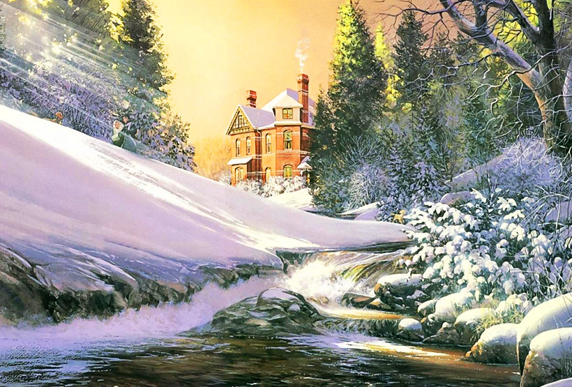 Серия "Зимний пейзаж" - домик, зима, река, пейзаж - оригинал