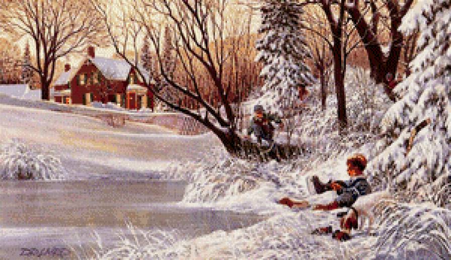 Серия "Зимний пейзаж" - дети, домик, река, зима, пейзаж - предпросмотр