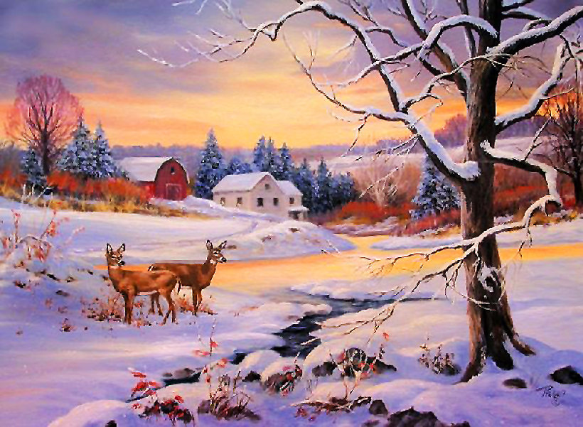 Серия "Зимний пейзаж" - олени, зима, пейзаж, домик, животные - оригинал