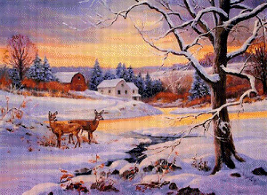 Серия "Зимний пейзаж" - олени, животные, домик, зима, пейзаж - предпросмотр