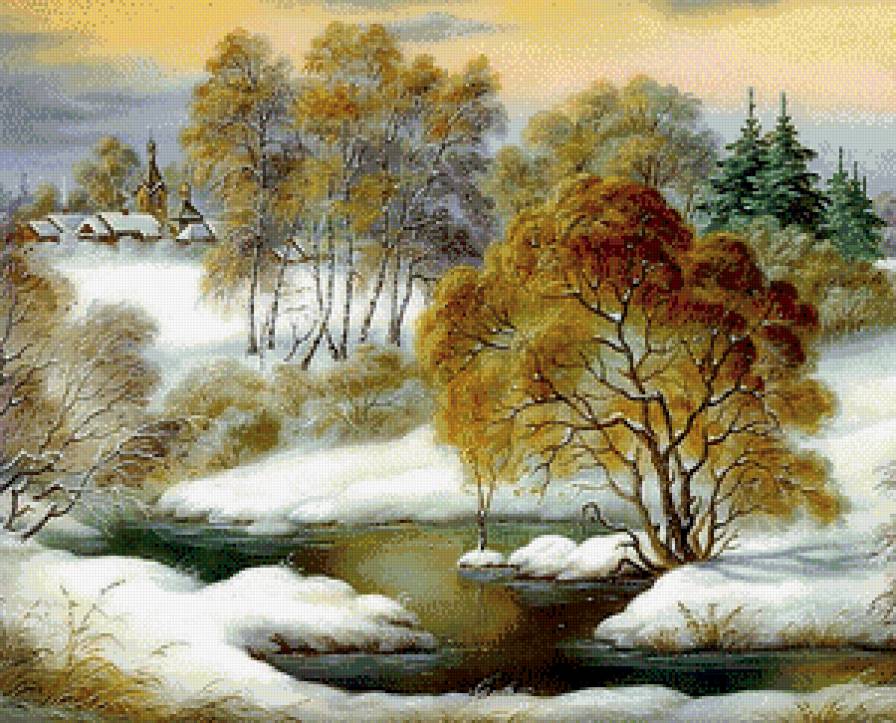 Зимняя оттепель - зима, селение, пейзаж, оттепель, картина - предпросмотр