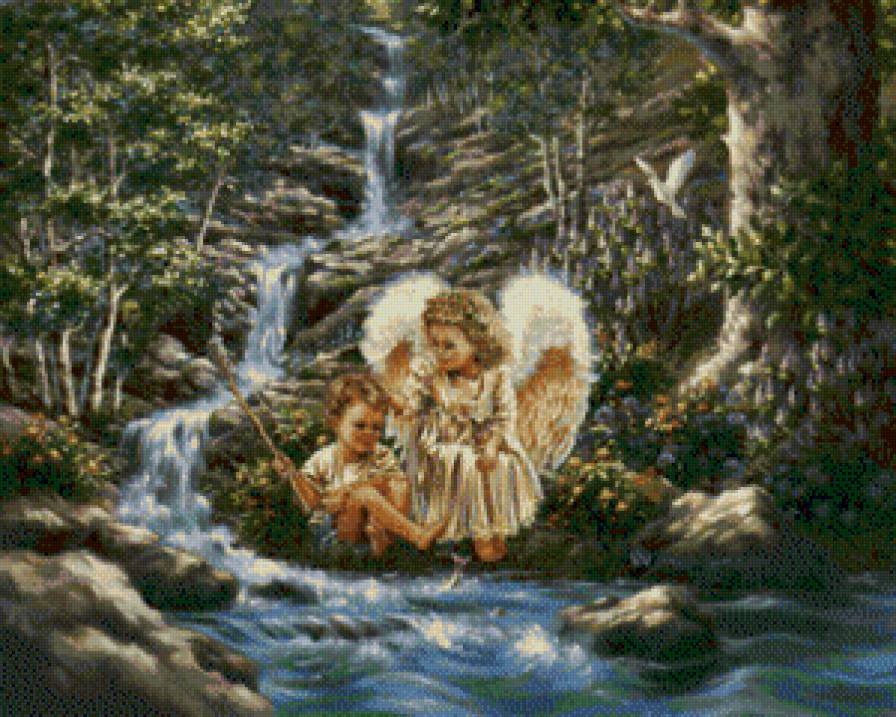 с ангелом у ручья - ангел, мальчик, природа, дети, дона гелсингер, ручей, лес - предпросмотр