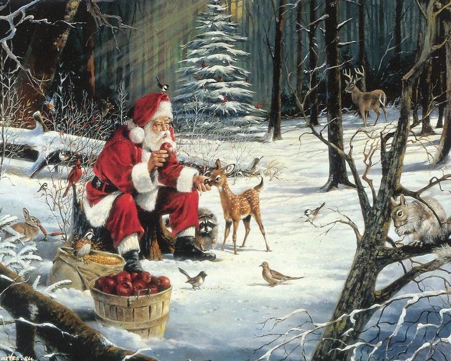 санта в зимнем  лесу - дед морз, санта клаус, новый год рождество, подарки.зверюшки, праздн - оригинал