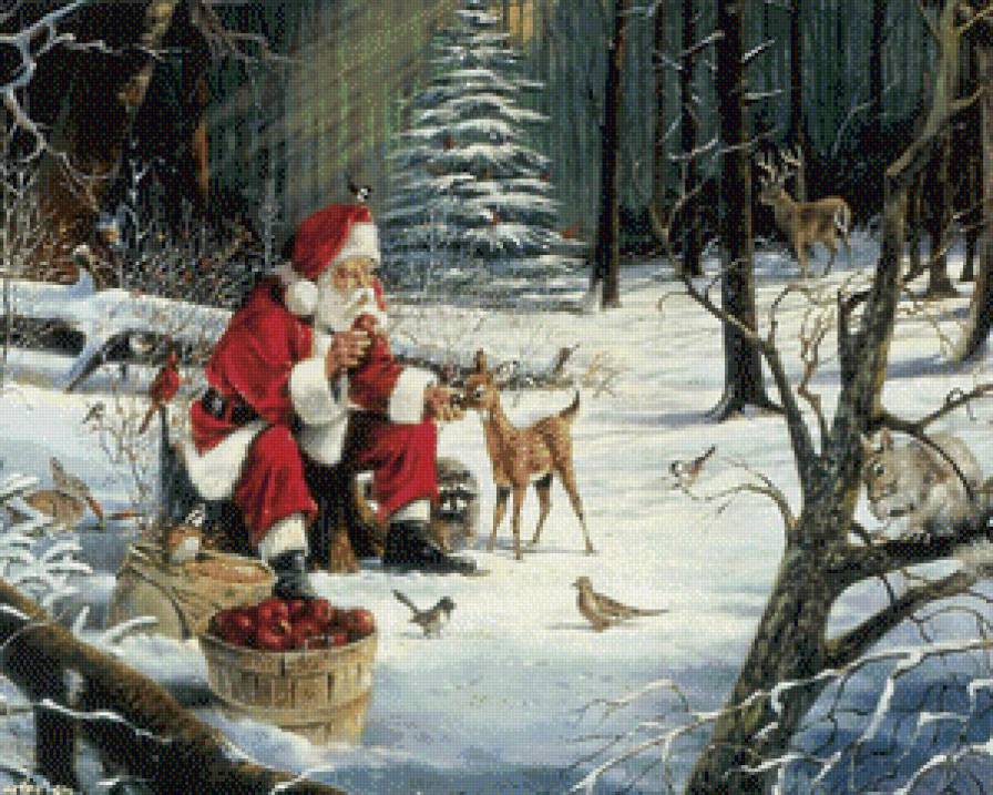 санта в зимнем  лесу - подарки.зверюшки, новый год рождество, праздн, санта клаус, дед морз - предпросмотр